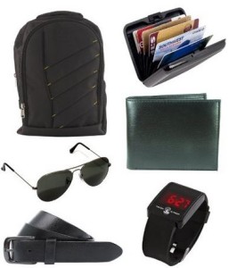 Keepsake combo of Black Bag , Wallet , Belt , Aviator Sunglasses , Cardholder