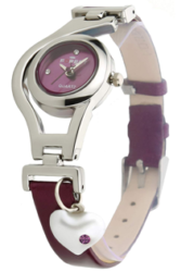 Dk Heart Pearl Dangle Silver Case Purpal Leather Strap Analogue Purple Dial Wrist Watch For Girls - Womens (Dk1207)